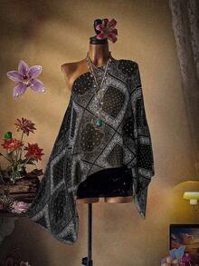 Sunspun Plus Size Bohemian Style Asymmetrical Shoulder Blouse, Spring/Summer - Multicolor - View 1