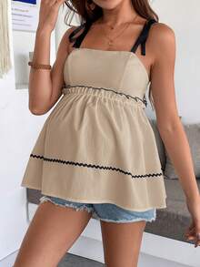 SHEIN 夏季孕妇休闲露背荷叶边吊带背心 - 卡其色 - 查看 6