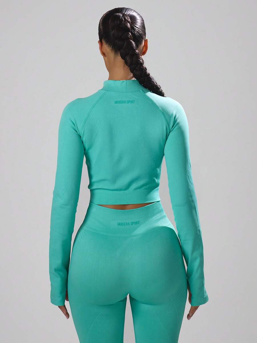 Musera Sport Stitched Seam Detail Cropped Long Sleeve Full Zip Top Jacket , Padel, Tennis, Pickleball Gym Fitness Winter - Mint Green - View 1