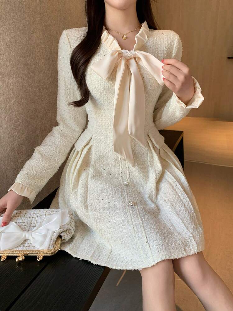 Women's Elegant Frill Trim Tie Neck Pleated Short Dress, Spring/Summer Wedding Guest Dress
