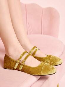 CUCCOO DOLLMOD Zapatos de ballet de ante amarillo con puntera redonda, estilo retro, para mujer, para primavera y otoño. Zapatos de baile de moda suave con suela plana y escote bajo para mujer. Zapatos de lunares Mary Jane para el Día de San Valentín - Amarillo - Ver 4