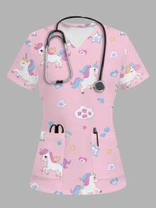 TaskEZ Rainbow Pony Pink Women's Scrub Uniform Top - Multicolor - View 1