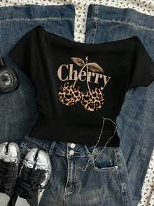 Tseoso Y2K 女款黑色露肩短袖T恤，饰有豹纹樱桃图案，西部风情节日款，褶皱腰身修身剪裁，适合春夏穿着，可用于上学、街头、Grunge、朋克、嘻哈、演唱会、派对等场合，也可全年叠穿。复古十字印花哥特风夜店风，Z世代必备。 - 黑色 - 查看 4