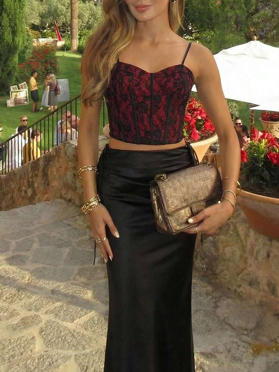 Firerie Elegant Red Cami Top For Women Knitted Spaghetti Strap Regular Length Asymmetrical Hem With Zipper Details - Red - View 1