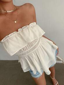 Aloruh 女士新款优雅浪漫时尚杏色荷叶边艺术褶皱抹胸上衣，适合婚礼、日常穿着、约会等场合。 - 杏色 - 查看 10