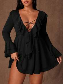 Rustia Sexy Ruffle Tie Strap Bodycon Mini Dress, Unique Design, Slimming Fit, Long Sleeve, Vacation Style - Black - View 3