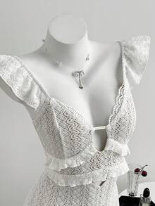 Elamini 女士深V领纹理面料荷叶边下摆修身连衣裙 - 白色 - 查看 6