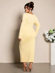 Cravure Plus Size Women Asymmetrical Hem Textured Long Sleeve Dress - Light Yellow - View 2