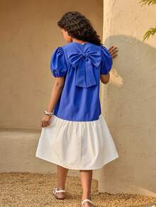 Tween Girls Casual Cute Vacation Midi Dress, Blue & White Patchwork With Bow Back, Sundress - Multicolor - View 1