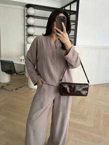 EMERY ROSE 2pcs Women Casual Loose Retro Linen Top And Pants Set - Coffee Brown - View 1