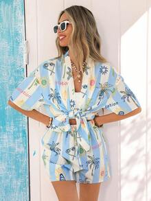 Vivid Eden Women's Vacation Summer Blue Leaf Print Kimono Shirt & Shorts 2 Pieces Beach Set - Multicolor - View 1