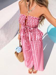 Vivid Eden Conjunto de 2 piezas de top corto con nudo delantero y pantalones de pierna ancha con estampado geométrico de rayas, estilo bohemio para vacaciones de verano - Multicolor - Ver 4