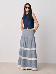 Nöista High Waist Long Skirt In Blue Checks With 3 Contrast Lace Trimming Lines. - Multicolor - View 3
