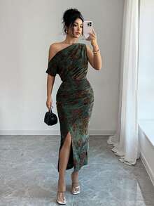 Rafferiza Elegant Off-The-Shoulder Sleeveless Dress  Slim-Fitting Dress With Ruched Hips And Overlapping Split Hem   Knitted Burnout Fabric Spring Dress   Green Base With Brown Floral Pattern Elegant Dress For Women   Women's Elegant Party Dress  Women's Elegant Long Dress   Women's Holiday Dress   Party Dress   Women's Spring Dress - Multicolor - View 6