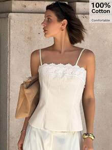 Siren Gaze 2025年春夏新款女士蕾丝边吊带背心，独特简约露脐抹胸上衣 - 杏色 - 查看 6