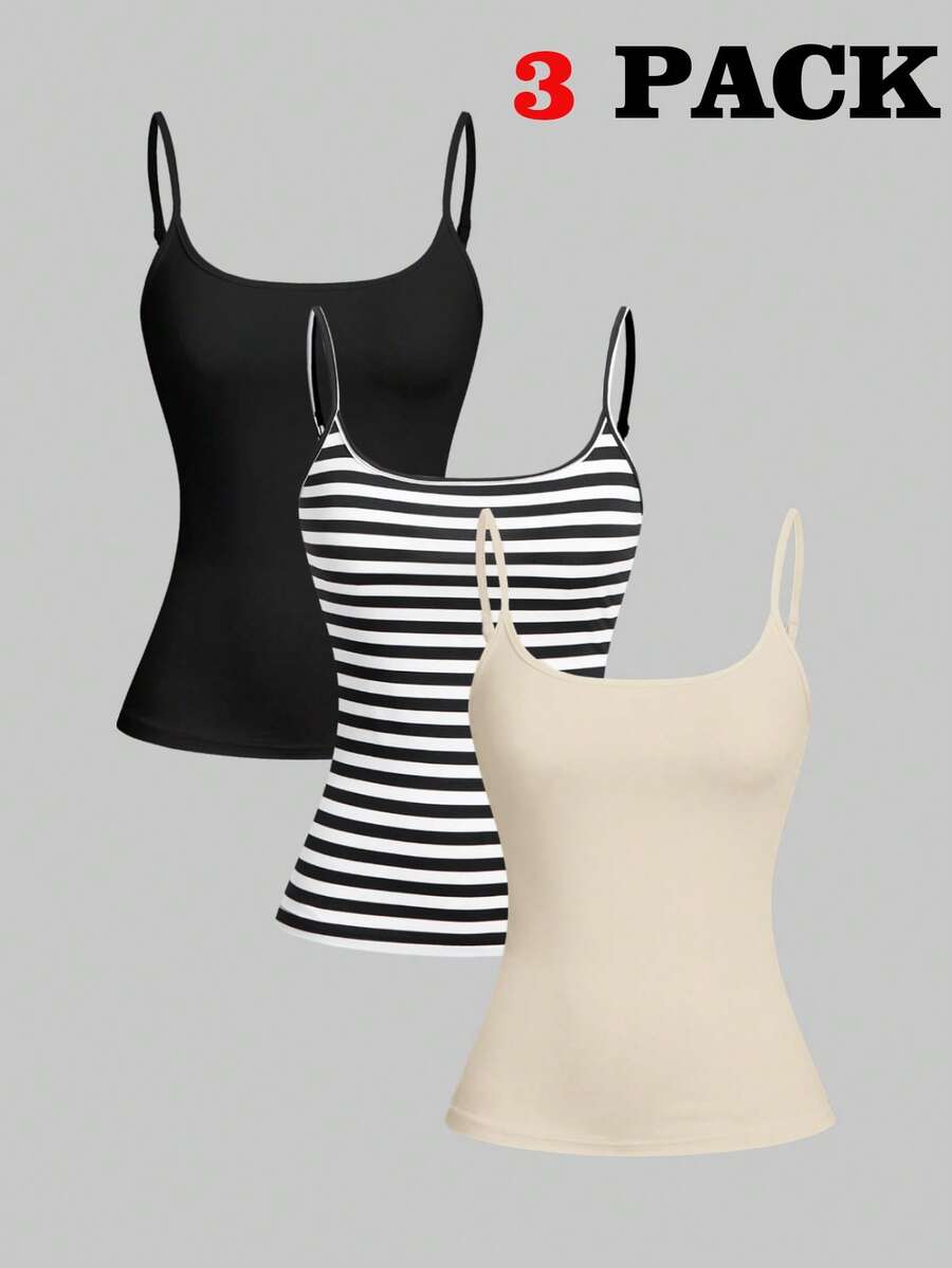 SHEIN Essnce 女士三件套休闲吊带背心套装，黑色条纹混色休闲女式上衣，修身吊带背心，夏季上衣，夏季服装，女士上衣，夏季女士上衣，三件套修身休闲纯色上衣 - 杏色 - 查看 1