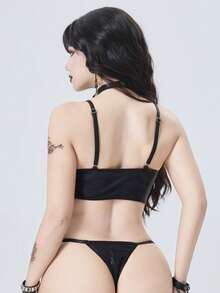 ROMWE 2026 Spring/Summer New Goth Solid Black Sexy Bikini Swimwear Set Goth Bikini Gothic Swimwear Goth Swimwear Emo Bathing Suit - Black - View 2