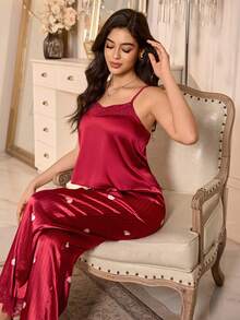 LuxeNights Women's Heart Striped Print Lace Trim Pajama Set - Red - View 5