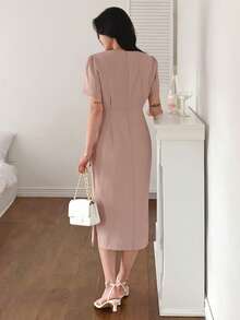 DAZY Women's Pink Round Neck Waist Cinched Mid-Length Dress - Pink - View 5