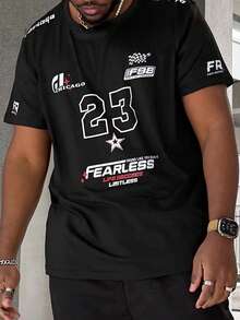 Heavens Edit 男士时尚赛车风格英式印花休闲 T 恤，图案 T 恤 - 黑色 - 查看 5