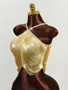 Mistrie Women's Sexy Halter Neck Sleeveless T-Shirt With Gold Tassels - Gold - View 4