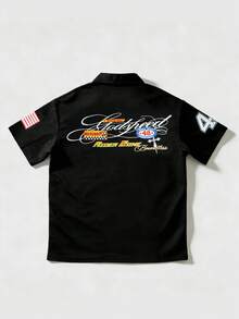 ROMWE MEN Prep 2026春夏男士休闲时尚Polo衫，翻领上衣，时尚运动短袖，春夏男士穿搭，情侣款 - 黑色 - 查看 2