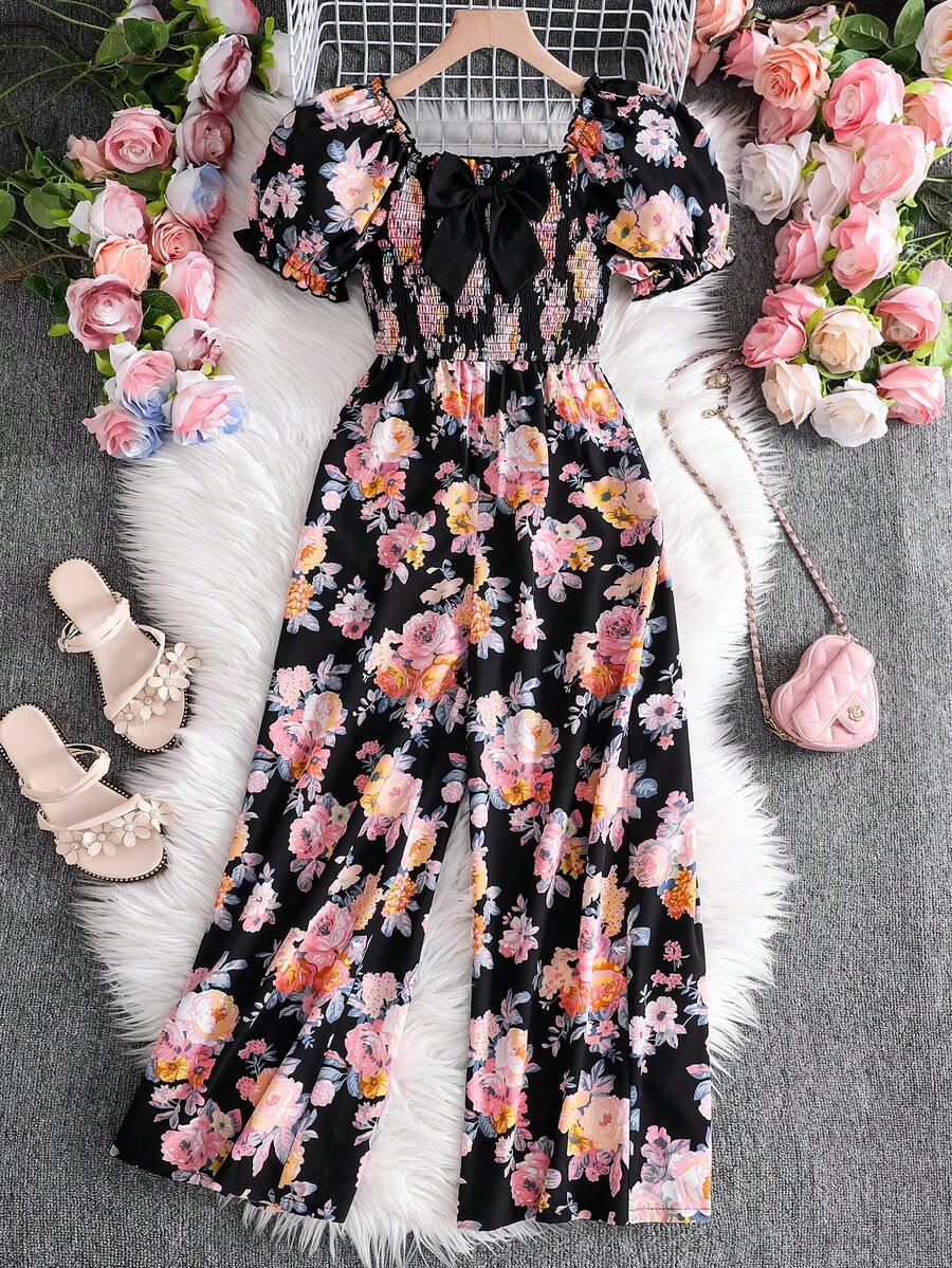 Sparklyn Girls' Allover Print Romper With Square Neck And Puff Sleeves, Summer Vacation Style - Black - View 1