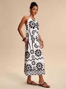 Breezaya 女士宽松露背印花中长连衣裙，休闲海滩度假印花图案 - 黑與白 - 查看 5
