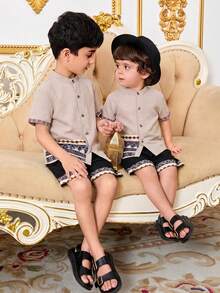 SHEIN 2pcs Tween Boy Mandarin Collar Short Sleeve Shirt And Shorts Set, Casual, Suitable For Spring And Summer - Khaki - View 11