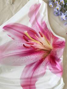 SHEIN 少女修身休闲简约舒适不对称下摆印花吊带衫 - 白色 - 查看 4