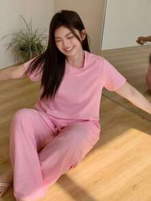 Dazy Plus Bộ đồ ngủ dệt kim 2 món, áo thun cổ tròn kẻ sọc ôm sát và quần dài rộng, màu hồng, thích hợp cho mùa xuân/hè. - Hồng - Xem 8