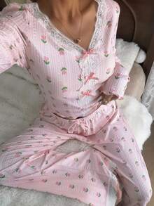 SHEIN 粉色郁金香针织提花印花蕾丝边长袖睡衣套装 - 粉色 - 查看 5