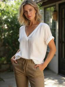 EMERY ROSE Women's Casual Daily Commute Simple Solid Color V-Neck Rolled Hem Short Sleeve White Top - White - View 5