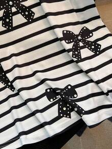 Resyla Women's Summer Cute Black And White Striped Short Sleeve T-Shirt,3D Rhinestone Bowknot Decor Round Neck Top For School,Back-To-School Everyday Wear - Black and White - View 5