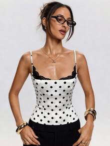 SHEIN BAE Áo hai dây chấm bi viền ren thanh lịch và thoải mái dành cho nữ, thích hợp cho mùa xuân và mùa hè, áo corset chấm bi, trang phục mùa xuân cho nữ, kỳ nghỉ xuân, ngày Valentine, áo dự tiệc thanh lịch, áo chấm bi. - Đen và trắng - Xem 3