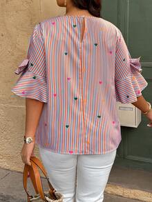 SHEIN LUNE Plus Size Women Summer Casual Vacation Valentine's Day Date Colorful Heart Striped Print Ruffle Sleeve Bow Decor Loose Blouse - Multicolor - View 2