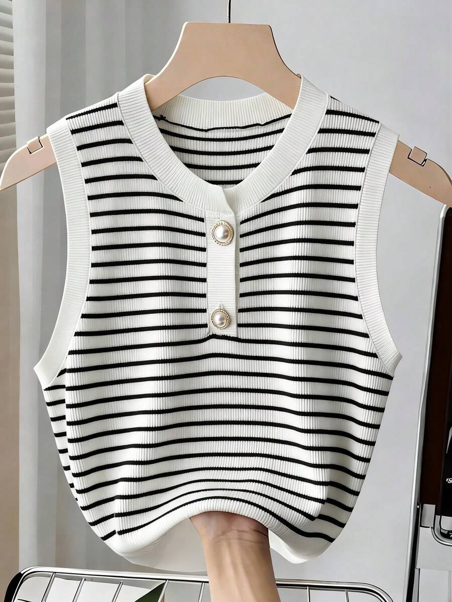 Franclia Women's Elegant Commuter Sleeveless Top With Half-Open Collar And Button Stripes, Spring/Summer - Black and White - View 1