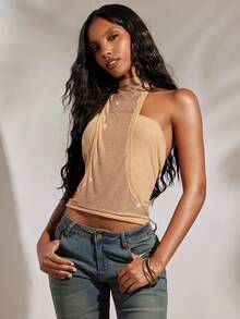 Opulessa Summer Spring Vacation Beach Elegant Casual Going Out Party Wedding Birthday Shiny Rhinestone Women's Y2K Rhinestone Design Cropped Halter Top - Khaki - View 3