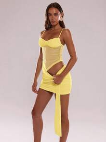 SHEIN BAE Women's Summer Beach Vacation Solid Color Ruched Bust Semi-Sheer Fitted Camisole And Ruched Mini Skirt Set - Yellow - View 5