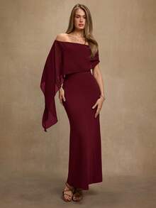 SHEIN BAE Brown Elegant Off-Shoulder Straight Fitted Dress, Suitable For Birthday, Party, Gathering Events, Autumn/Winter Layering Dress, Halloween, Christmas, Elegant Dress - Burgundy - View 1
