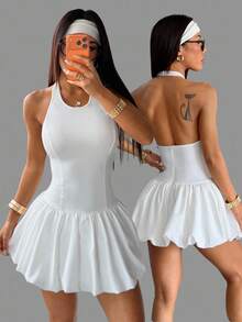 SHEIN EZwear Women's Gym Dress White Knit Halter Sleeveless Backless Sports Dress White Casual Dress White Club Dress Tennis Dress - White - View 8