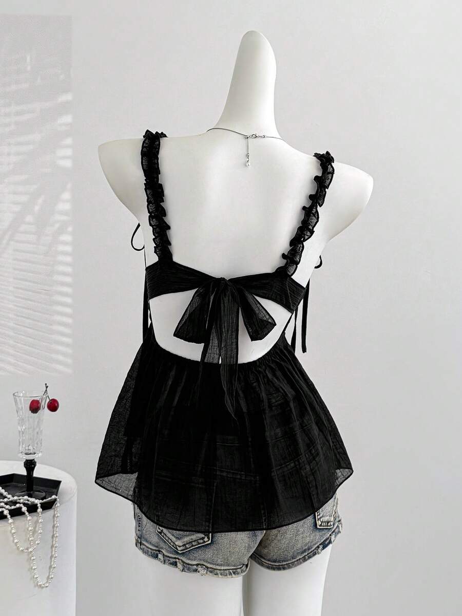 Sweetra Y2K Aesthetic Sexy Bowknot Design Casual Classic Black Blouse, American Subculture Style, Spring/Summer New Arrival - Black - View 1