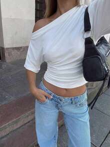 Aloruh Loose Shoulder, Tight Waist, Ruched Waist Basic T-Shirt - White - View 2