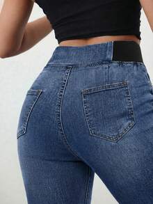 SHEIN Tall 女士休闲修身弹力喇叭裤 蓝色修身牛仔裤 高腰喇叭裤 高个女士牛仔裤 夏季 - 中等水洗藍 - 查看 4