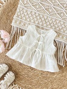 两件套可爱女婴休闲日常度假提花上衣，正面中央带蝴蝶结 - 白色 - 查看 3