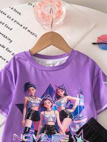 SHEIN 女婴数码印花短袖T恤和短裤套装 - 紫色 - 查看 4
