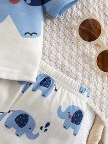 SHEIN Newborn Baby Cute Elephant Print Short Sleeve T-Shirt & Floral Shorts Set, Summer - Navy Blue - View 7