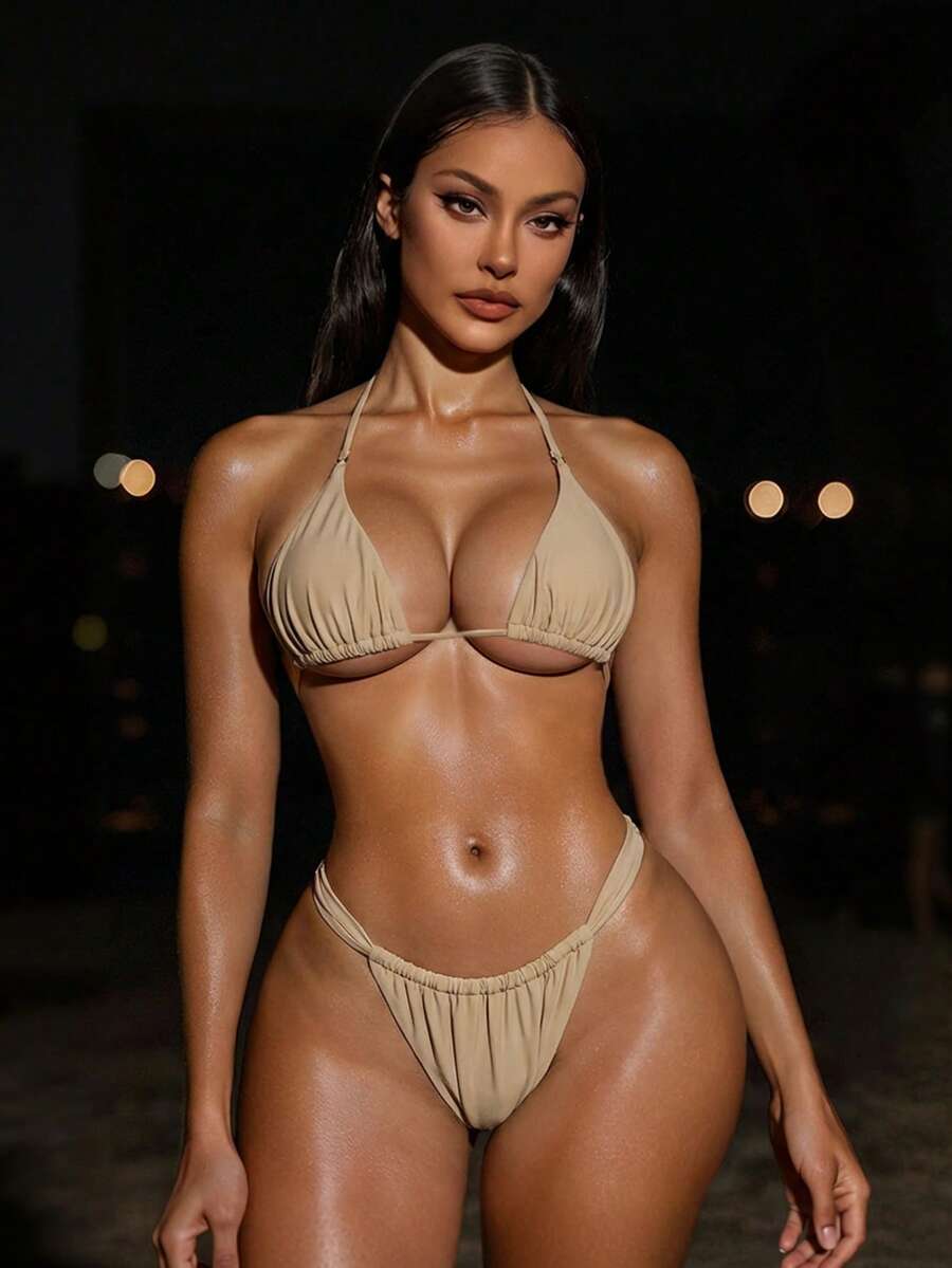 Swim SXY Summer Beach Mono Bikini Set Halter Micro Triangle Bra Top & Thong 2 Piece Bathing Suit - Khaki - View 1