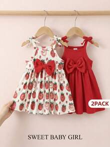 SHEIN 2件装女婴罗纹蝴蝶结吊带背心裙 - 紅色 - 查看 1