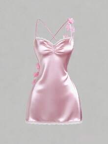 Sweetra 女士秋季复古性感修身蕾丝边缎面派对连衣裙，多层低胸无袖紧身鸡尾酒裙，粉色 - 粉色 - 查看 6